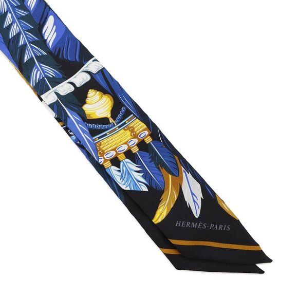 HERMES Twilly Danse Pacifique Dance Pacific Silk100% Blue Nuit/Jaune Vif/Black - Picture 4 of 8